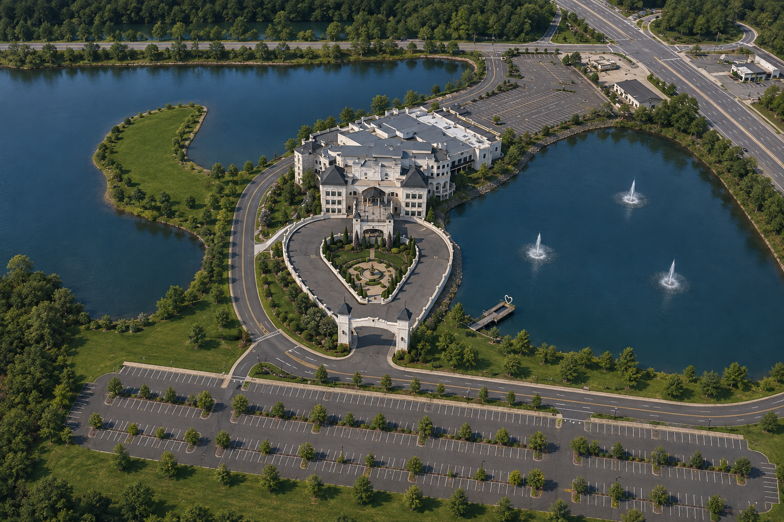 AI-illustrated oblique overview of Legacy Castle, with the castle façade, fountain garden, entrance arch, dock, left grass peninsula, surrounding lakes, and guest parking.